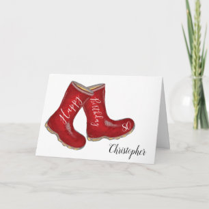 Carte 80e anniversaire rouge à bottes bien papa/ grand-p