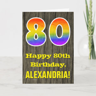 Carte 80e anniversaire : Rustic Faux Wood Look, Arc-en-c