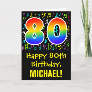 Carte 80e anniversaire : Symboles de musique colorée + A