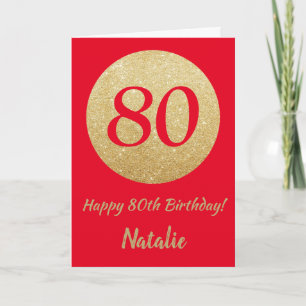 Carte 80e Birthday Red and Gold Glitter Card