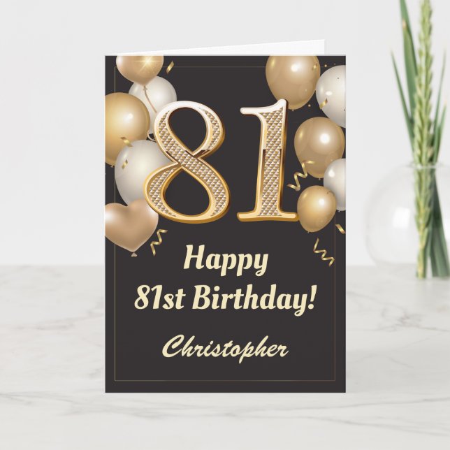 Carte 81e anniversaire Ballons Noir et Or Confetti (Devant)