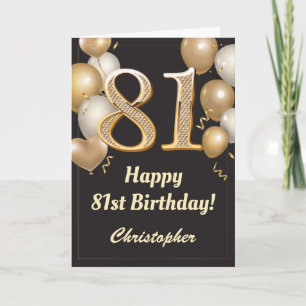 Carte 81e anniversaire Ballons Noir et Or Confetti