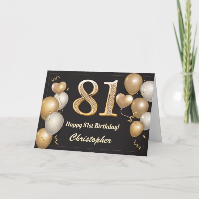 Carte 81e anniversaire Ballons noirs et or Anniversaire (Devant)
