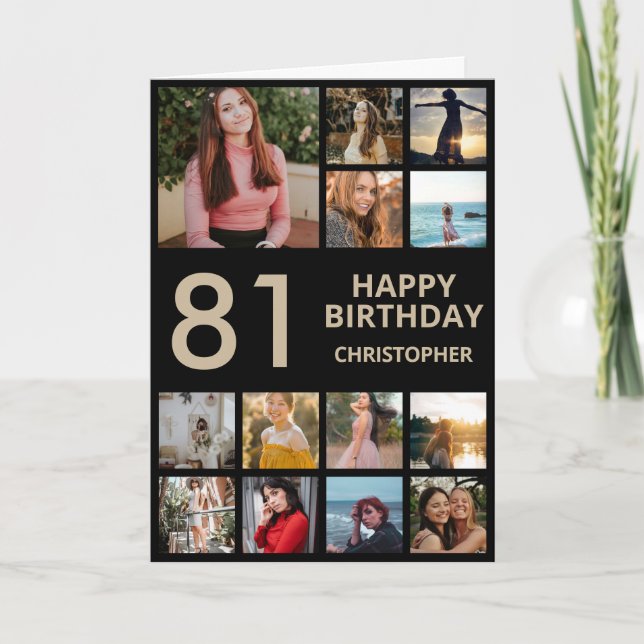 Carte 81e anniversaire Photo Collage 13 Photos Black & G (Devant)