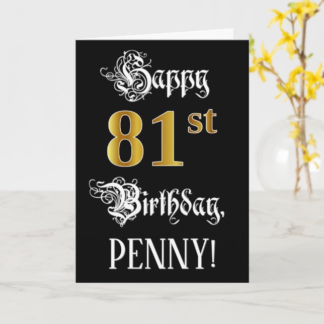 Carte 81e anniversaire — Script fantaisie; Faux Gold Loo (Fleur jaune)