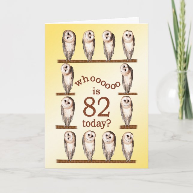 Carte 82e anniversaire, Curious owls card. (Devant)