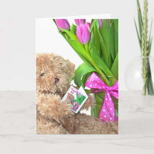 Carte 82e anniversaire de l'ours en peluche avec bouquet