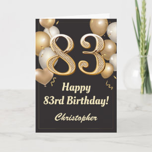 Carte 83e anniversaire Ballons Noir et Or Confetti