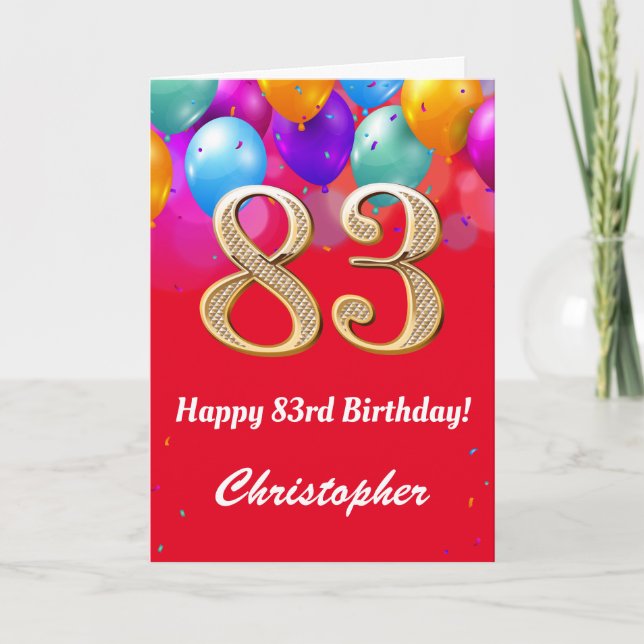 Carte 83e anniversaire Ballons rouges et dorés (Devant)