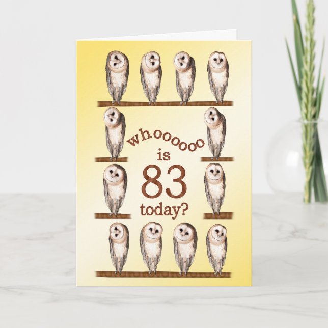Carte 83e anniversaire, Curious owls card. (Devant)
