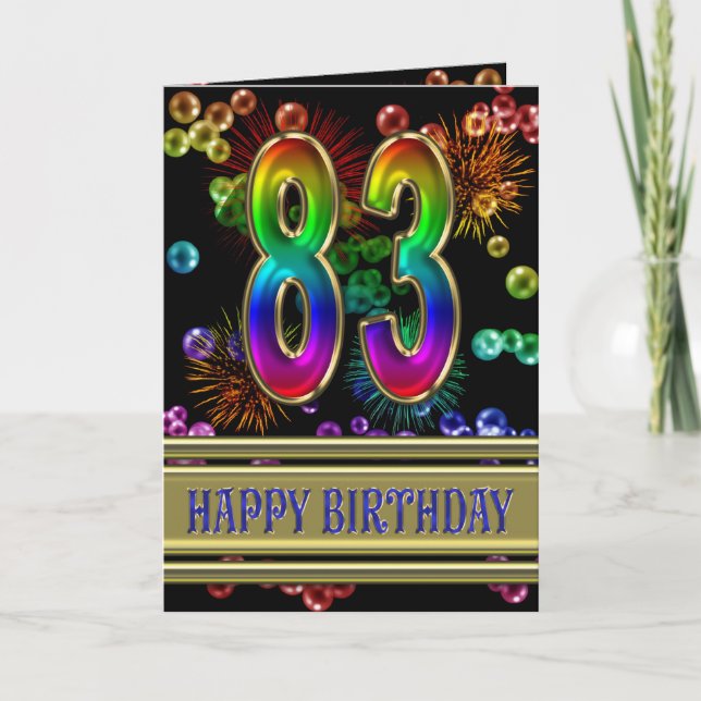 Carte 83ème anniversaire avec bulles arc-en-ciel et feux (Devant)