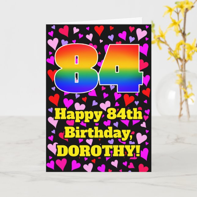 Carte 84e anniversaire : Amour Hearts Motif, Arc en ciel (Fleur jaune)