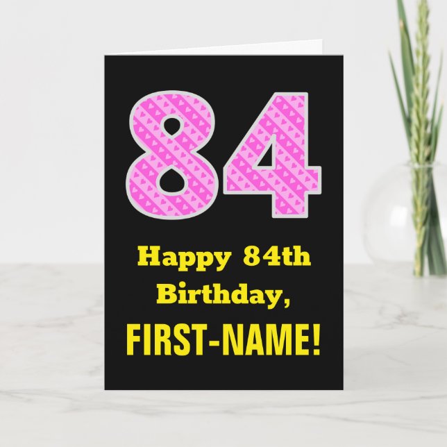 Carte 84e anniversaire : Pink Stripes and Hearts "84" +  (Devant)
