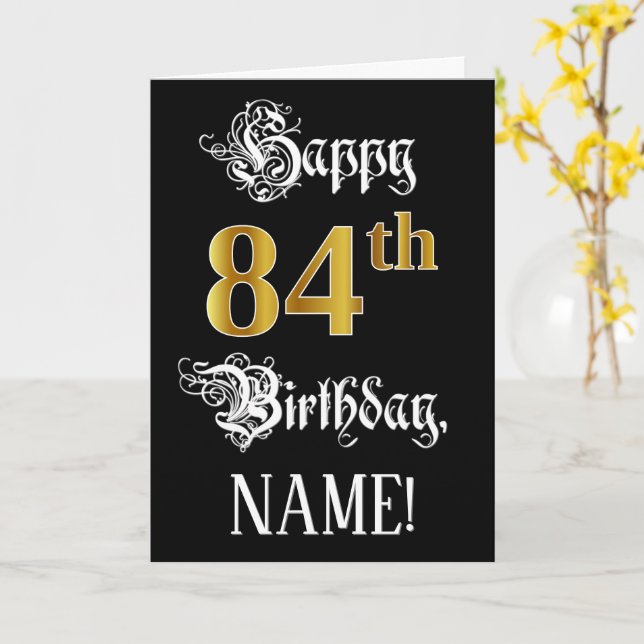 Carte 84e anniversaire — Script fantaisie; look or Faux; (Fleur jaune)