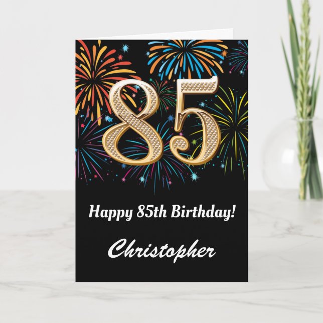 Carte 85e anniversaire Rainbow Fireworks noir et or (Devant)