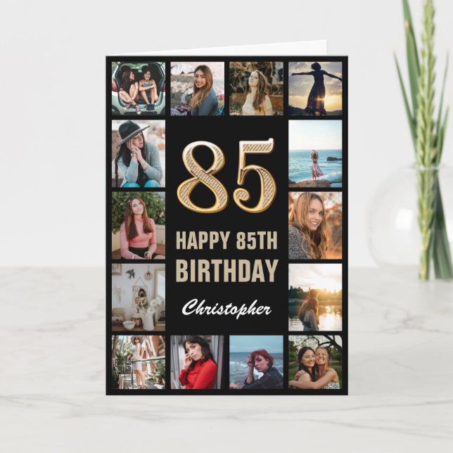 Carte 85e Joyeux Anniversaire noir et or Collage photo (Devant)