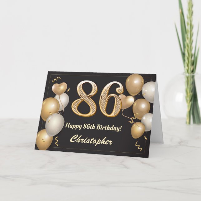Carte 86e anniversaire Ballons noirs et or Anniversaire (Devant)
