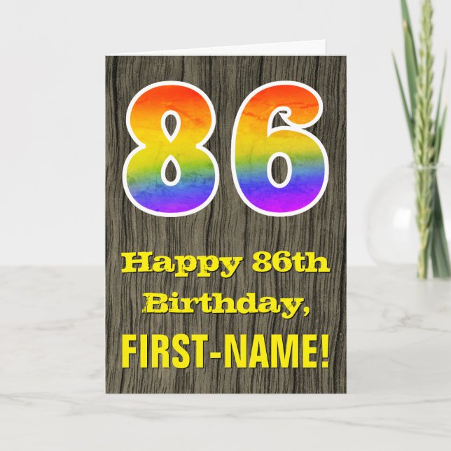 Carte 86e anniversaire : Rustic Faux Wood Look, Arc-en-c (Devant)