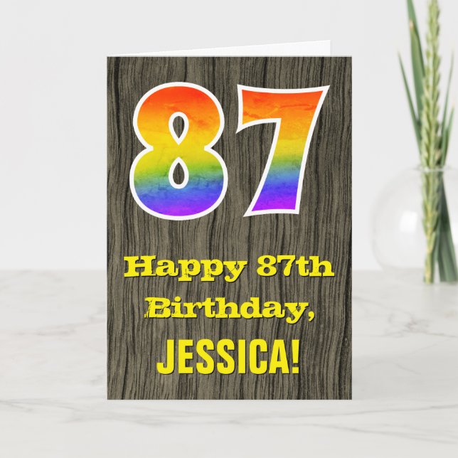 Carte 87e anniversaire : Rustic Faux Wood Look, Arc-en-c (Devant)