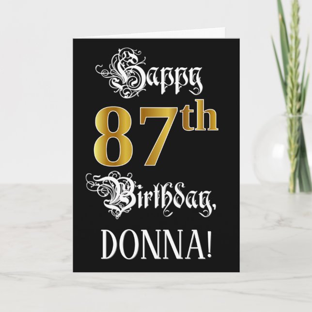 Carte 87e anniversaire — Script fantaisie; look or Faux; (Devant)