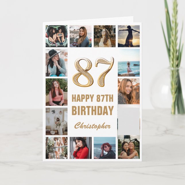 Carte 87e Joyeux Anniversaire Collage photo d'or et de b (Devant)