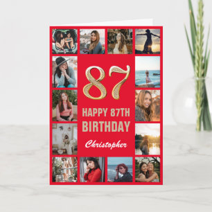 Carte 87e Joyeux Anniversaire Collage photo rouge et or