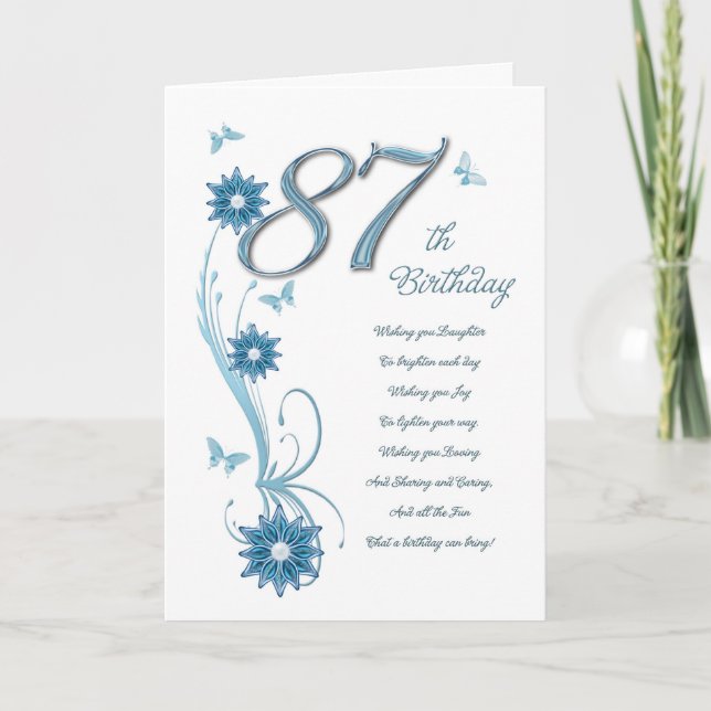 Carte 87ème anniversaire en turquoise avec fleurs et pap (Devant)