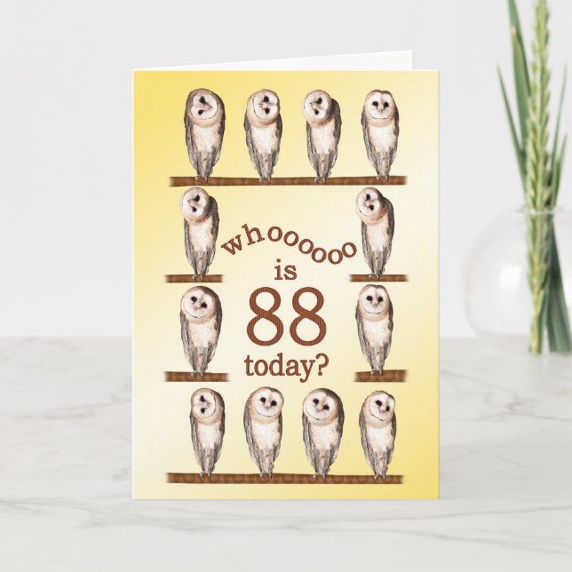 Carte 88e anniversaire, Curious owls card. (Devant)