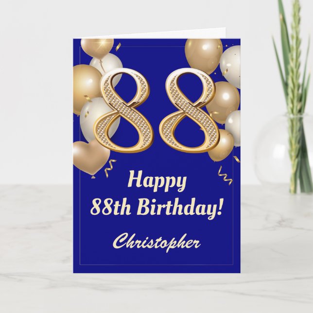 Carte 88e anniversaire Marine Bleu et Ballons d'or Confe (Devant)