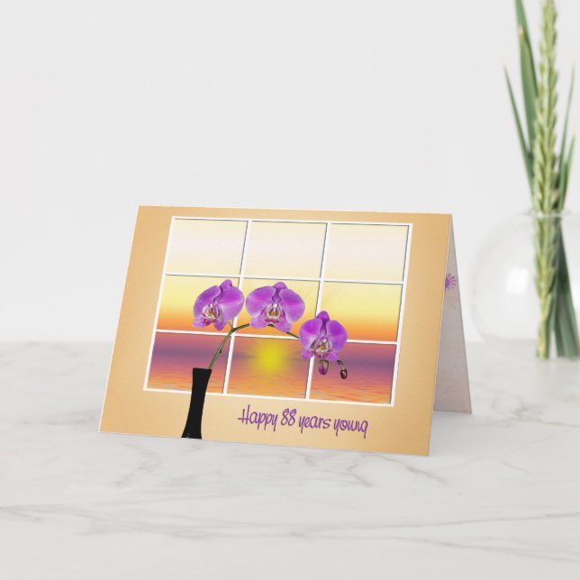 Carte 88e anniversaire Orchidées roses dans la fenêtre (Devant)