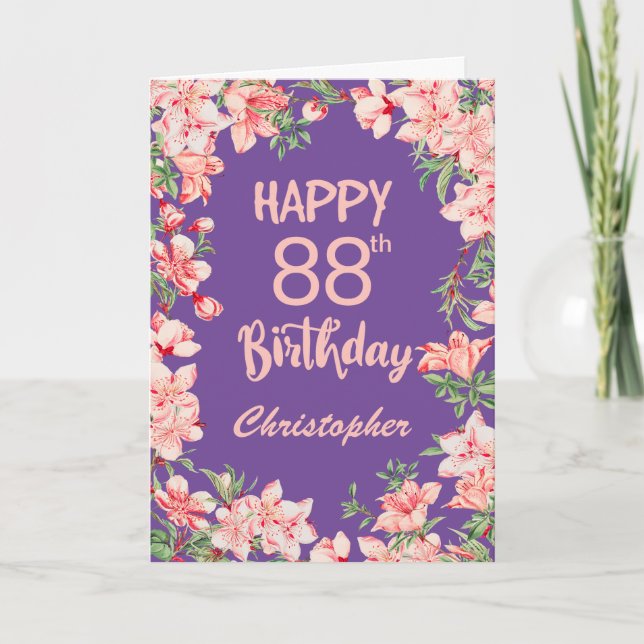 Carte 88e anniversaire Peach rose violet aquarelle Flora (Devant)