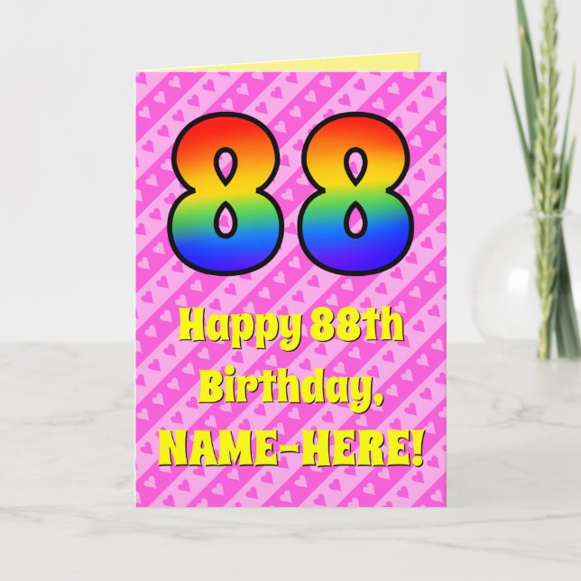 Carte 88e anniversaire : Pink Stripes & Hearts, Arc en c (Devant)