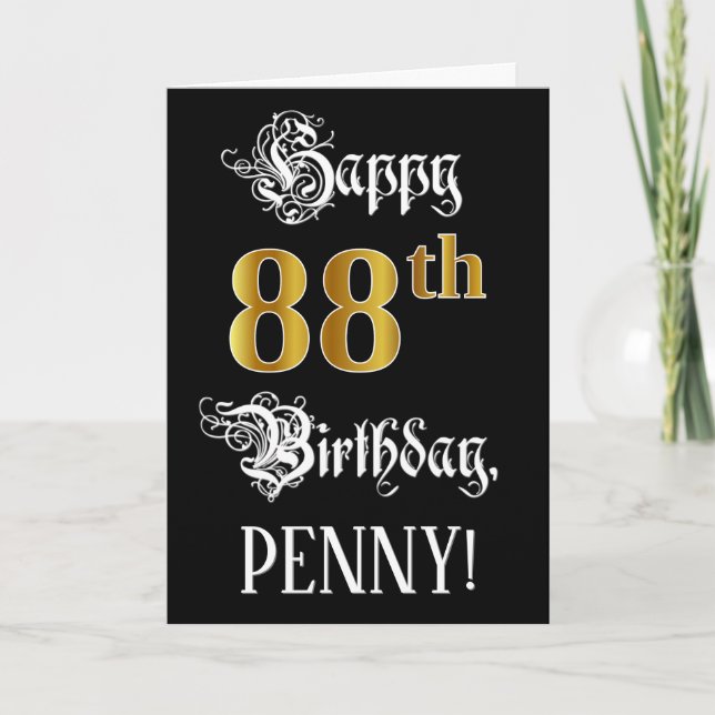 Carte 88e anniversaire — Script fantaisie; look or Faux; (Devant)