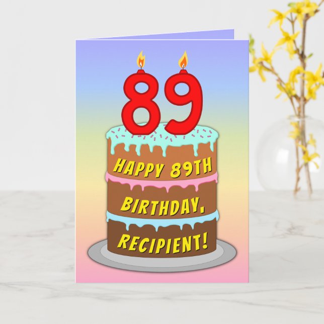 Carte 89th Birthday — Fun Cake & Candles, w/ Custom Name (Fleur jaune)