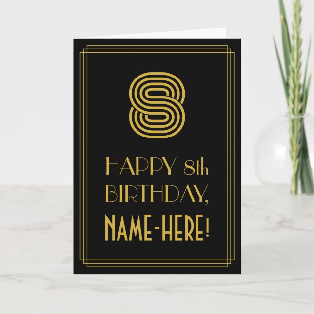 Carte 8e anniversaire : Art Déco Inspiré Look "8" & Nom (Devant)