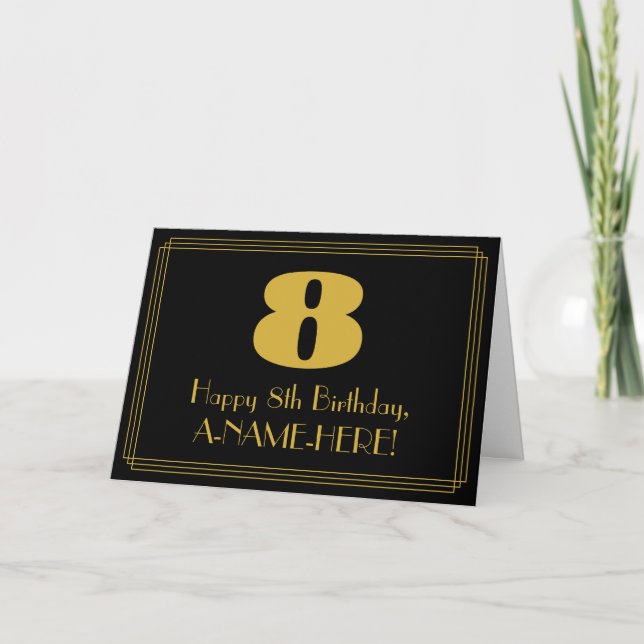 Carte 8e anniversaire : Art Déco Inspiré Look "8" & Nom (Devant)