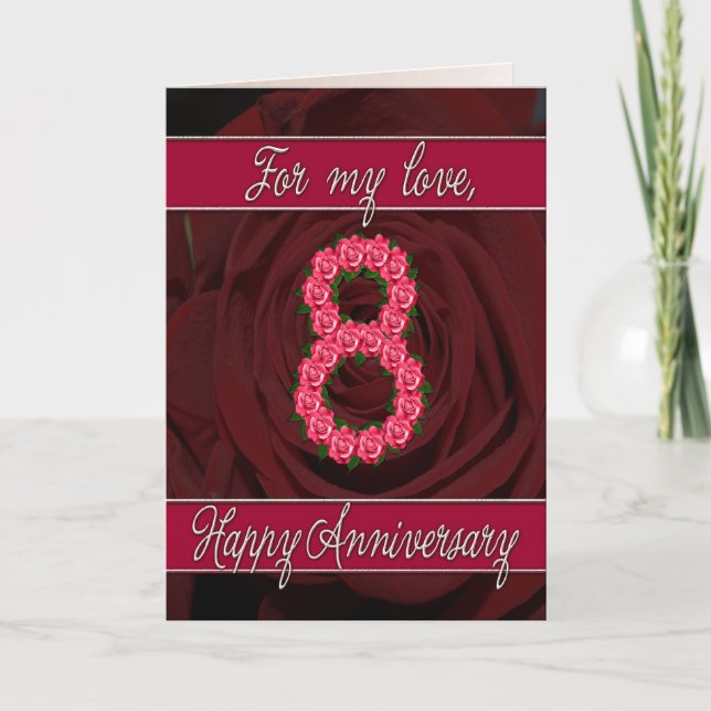 carte 8e anniversaire avec roses et feuilles (Devant)