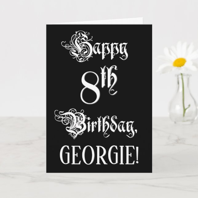 Carte 8e anniversaire : fantaisie, élégant script + Nom  (Petite plante)