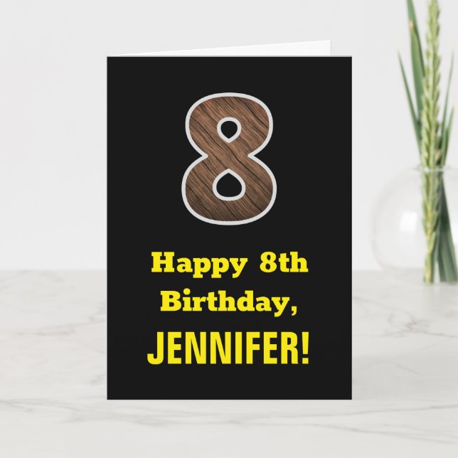 Carte 8e anniversaire : Nom, Motif Faux Wood Grain "8" (Devant)