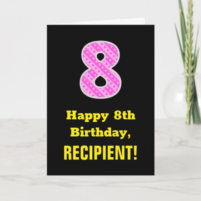 Carte 8e anniversaire : Pink Stripes and Hearts "8" + No (Devant)