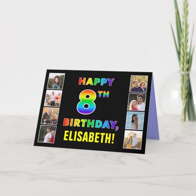 Carte 8e anniversaire : Rainbow Text, Custom Photos & Na (Devant)