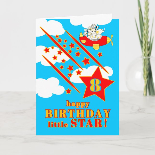 Carte 8th Birthday Little Star Cute Animals in a Plane (Devant)