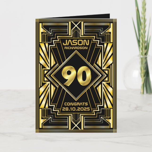Carte 90e anniversaire Art Déco Gold Black Great Gatsby (Devant)