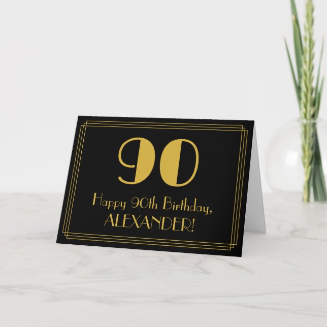 Carte 90e anniversaire : Art Déco Inspiré Look "90" + No (Devant)