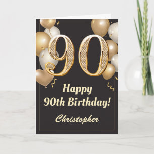 Carte 90e anniversaire Ballons Noir et Or Confetti