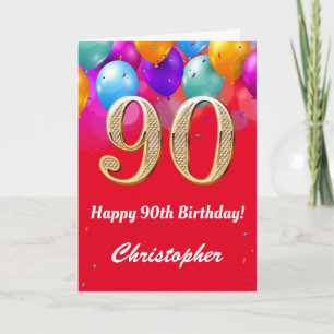 Carte 90e anniversaire Ballons rouges et dorés