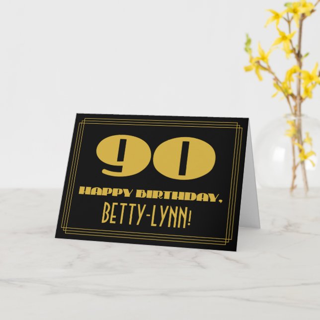 Carte 90e anniversaire : Nom + Art Déco Inspiré Look "90 (Fleur jaune)