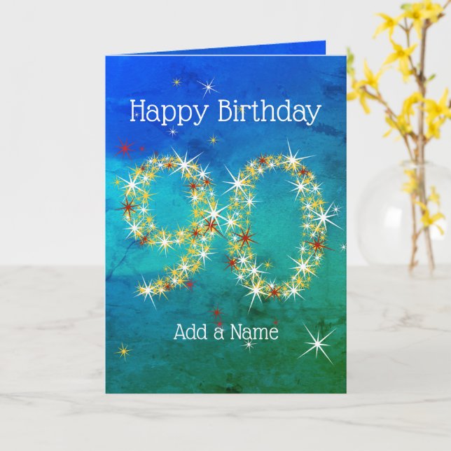 Carte 90e anniversaire - Nombres d'étoiles - Vert bleu - (Fleur jaune)