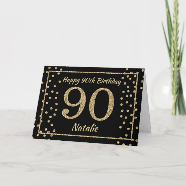 Carte 90e anniversaire Parties scintillant Noir et Or Ca (Devant)