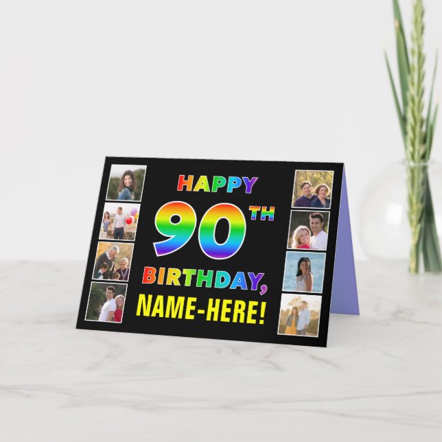 Carte 90e anniversaire : Rainbow Text, Custom Photos & N (Devant)